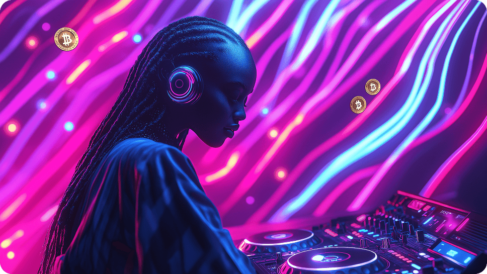 Artist with headphones against colorful background